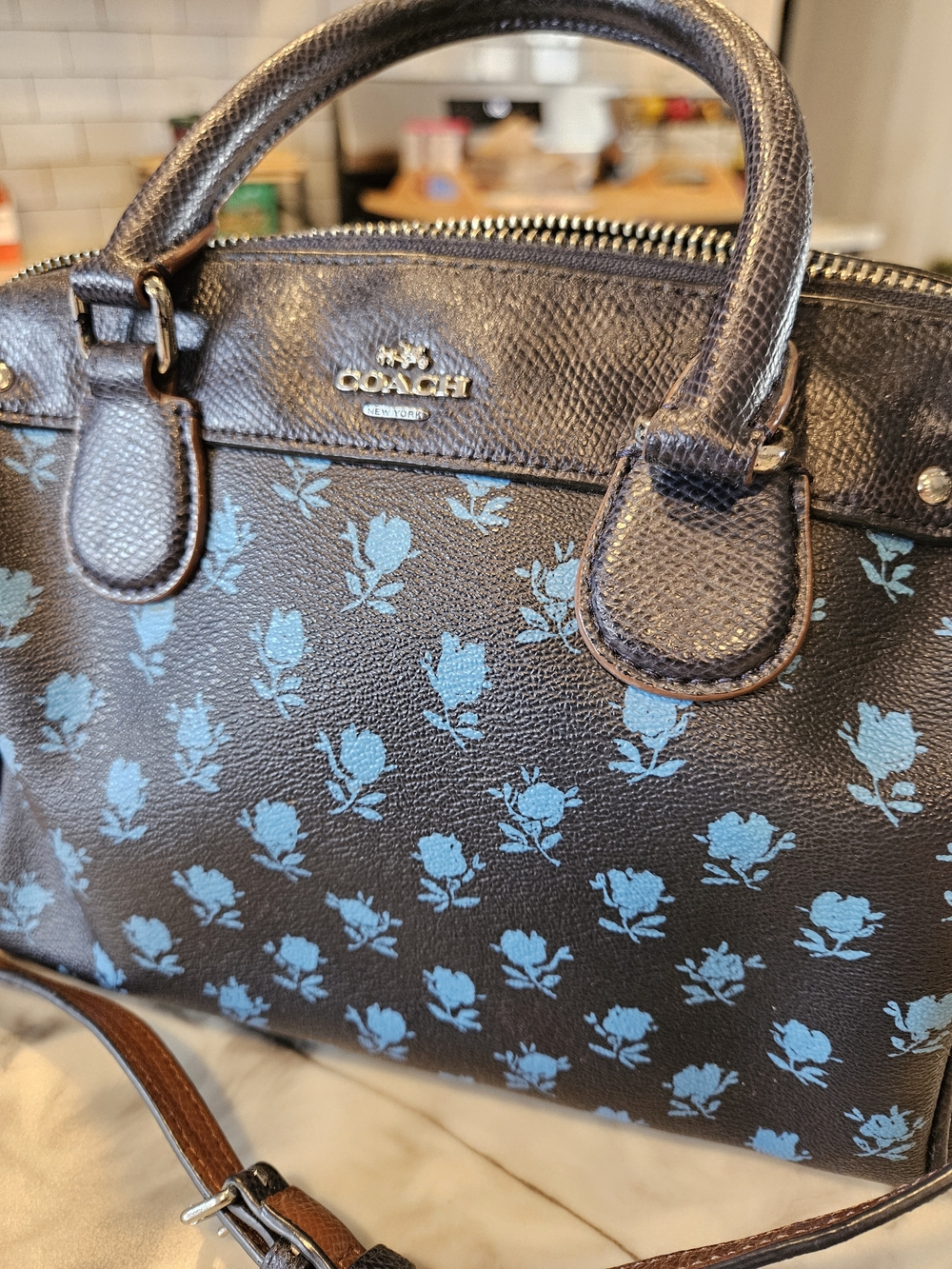 COACH Black Leather Satchel with Blue Floral Motif - Picture 3 of 5